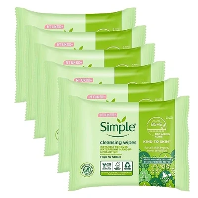Imagen de Simple Kind to Skin Toallitas faciales para pieles sensibles con glicerina, vitamina E y B5, paquete de 25 unidades, 6 unidades