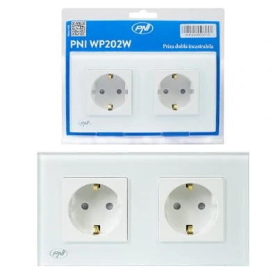 Imagen de PNI WP202W Enchufe doble empotrable, con marco de cristal, 16A, 2X3000W, 230V, blanco