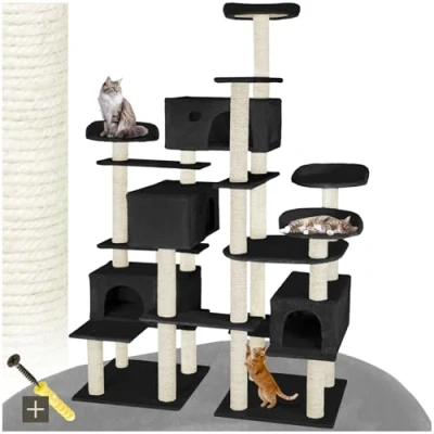 Imagen de tectake® Arbol Rascador para Gatos, Torre Multinivel con 4 Plataformas, Casitas, 2 Placas de Suelo, Columnas Sisal, Gato, Protección Antivuelco, Juguetes Gatos Negro