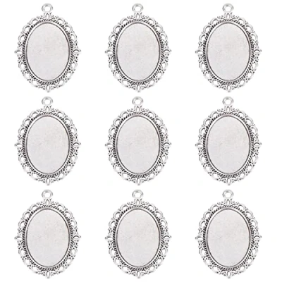 Imagen de Pandahall Ajustes de cabujon colgante, el estilo tibetano, DIY complementos para la fabricacion joyeria, sin plomo y niquel cadmio, oval, color plata antigua