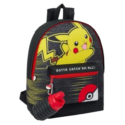 Imagen de Pokémon Pikachu Catch &#039;Em All Roxy Mochila con botella de agua plegable, licencia oficial, 39 x 31 12 cm, poliéster duradero, correas acolchadas ajustables, hidratación sobre la marcha, para