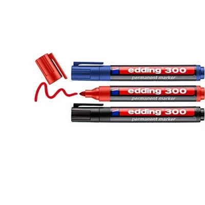 Imagen de edding 300 marcador permanente negro, rojo, azul 3 rotuladores punta redonda 1,5 mm resistente al agua,de secado rápido,rotuladores indelebles para cartón,plástico,vidrio, madera, metal