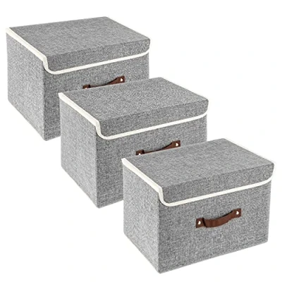 Imagen de TYEERS Cajas de Almacenaje con Tapa, Tela, Lavable, Organizadoras, 38x25x25 cm, Juego 3, Gris