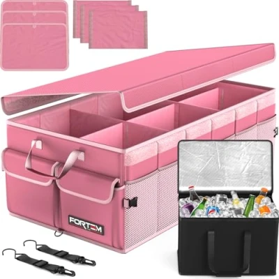 Imagen de FORTEM Organizador de Maletero Coche y SUV Caja Plegable con 3 Compartimentos Extra Grande Bolsa Nevera Base Antideslizante Cinchas Ajustables Tapa Extraíble (Rosa)