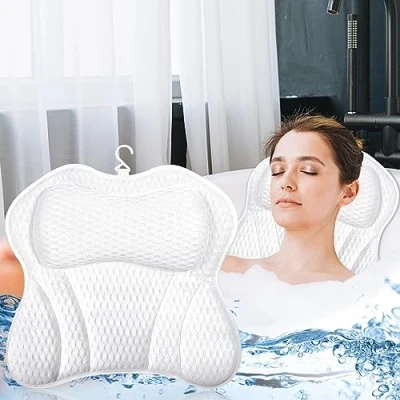 Imagen de Purpledi Almohadas para Bañera，Almohada de Baño,Cojín Bañocon 6 Ventosas Antideslizantes Tecnología 4D Air Mesh Cuello, la Espalda,para SPA en Casa Bañera Hidromasaje (Blanco)