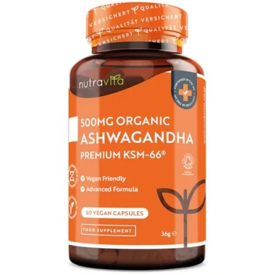 Imagen de Ashwagandha Orgánica 500 mg KSM 66® Sin Excipiente. 100% Cápsula Vegana Suplemento adaptógeno Ayurveda Ginseng Indio (Withania Somnifera) Antiflamatorio natural Nutravita
