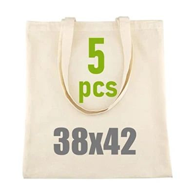 Imagen de Leviatan Bolsa de Yute 5 x Algodón 100% Bolsas Tote Bag Tela Para Pintar 38x42cm 144g/m2 Lona Con Asas Largas Transporte Grande