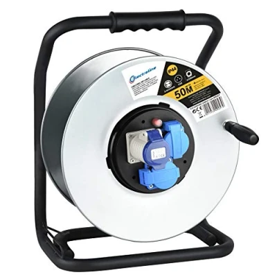 Imagen de Electraline 49057, Carcasa Enrollacables Profesional sin Cables (Capacidad 50 m) para construcción en Metal 2 Tomas schuko IP44 + 1 Toma IEC Industrial con Mango ergonómico