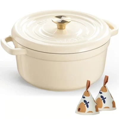 Imagen de Overmont Horno holandés de hierro fundido esmaltado, olla 5 cuartos con tapa, libro cocina y agarraderas algodón, utensilios resistentes para estofar, guisos, asar, hornear pan,