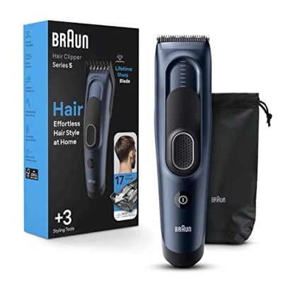 Imagen de Braun Cortapelos serie 5 5350, cortadora de pelo para hombre, clip desde casa con 17 ajustes longitud, incluye ajuste memoria SafetyLock, cuchillas ultra afiladas, 2 peines, bolsa,