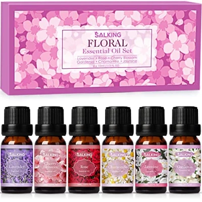 Imagen de SALKING Flores Aceites Esenciales para Humidificador Difusor 6 x 10 ml,100% Puro Naturales Aceite Perfumado Lavanda,Rosa, Jazmín, Gardenia, Manzanilla, Flor de cerezo