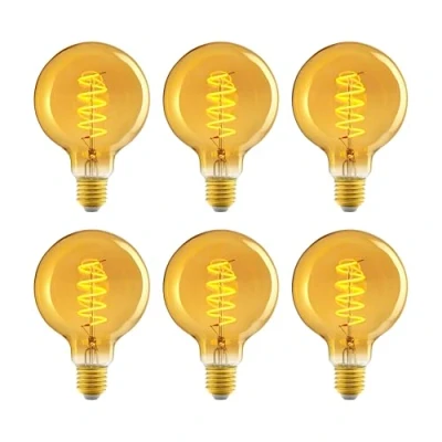 Imagen de Amazon Basics Bombilla LED E27 vintage, cristal ámbar retro, G93, 4 W (equivalente a 25 W), paquete de 6, luz ultracálida 1800 K para decoración