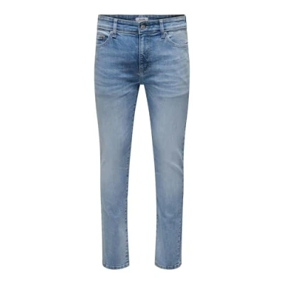 Imagen de ONLY&amp;SONS Vaqueros Ajustados Hombre Lavado Claro Cintura Baja 5 Bolsillos Cremallera, Color:Azul, Talla de pantalón:28W / 30L, Largo la Pierna: