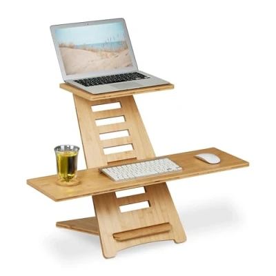 Imagen de Relaxdays Mesa Soporte Ordenador de Pie, Bambú, 2 Baldas, Altura Regulable, Accesorio para Escritorios, Oficina, Natural, 77.5 x 80 57 cm