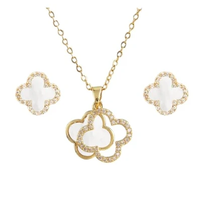Imagen de Hanaoops Conjuntos de Joyas Trébol Cuatro Hojas para Mujer Niñas Oro Plata Acero Titanio Negro la Suerte Collar Aretes Juego Regalos (Oro blanco)