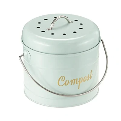 Imagen de Navaris Cubo de Metal para Compost Contenedor Basura orgánica con Tapa y 6X Filtro Compostera Vintage Cocina 3,2 l 21,5 x 18,8 19 cm