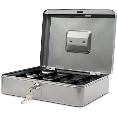 Imagen de MAUL Caja fuerte de acero 30 x 24 8,7 cm caudales con cerradura Bandeja extraíble para monedas 2 llaves registradora robusta asa Plata