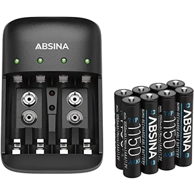 Imagen de ABSINA Cargador Pilas AA AAA &amp; 9V + 8X 1150 Pila Recargables NiMH para 4 Baterías AA, Cargadores de