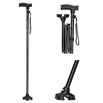 Imagen de supregear Baston Plegable, Bastón Antideslizante de 4 Patas, Ajustable en Altura 5 Niveles, Plegable con Empuñadura T y Correa Antipérdida