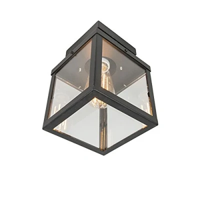 Imagen de Qazqa Moderno Plafón industrial negro 1 luz IP23 ROTTERDAM Vidrio/Acero inoxidable Cuadrada Adecuado para LED Max. x 60 Watt