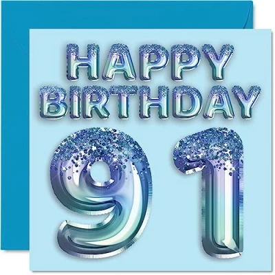 Imagen de Tarjeta de cumpleaños número 91 para hombres, globo fiesta con purpurina azul, tarjetas feliz hombre años, gran abuelo, papá, 145 mm x mm,