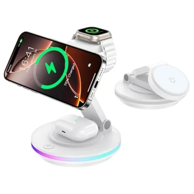 Imagen de Cargador Mag Safe, Estación de Carga 4 en 1 para Apple Watch y iPhone, Plegable, Giratorio con Ajuste Luz, Inalámbrico Soporte Safe iPhone 16/15/14, AirPods (Sin Adaptado
