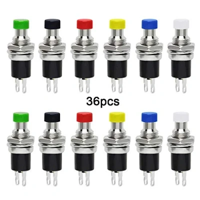 Imagen de QitinDasen 36Pcs Premium 7mm Momentáneo Interruptor a Pulsador, 2 Pin Mini de Botón Redondo, SPST Normal Abierto ON/Off 1A 250V AC (6 Colores)
