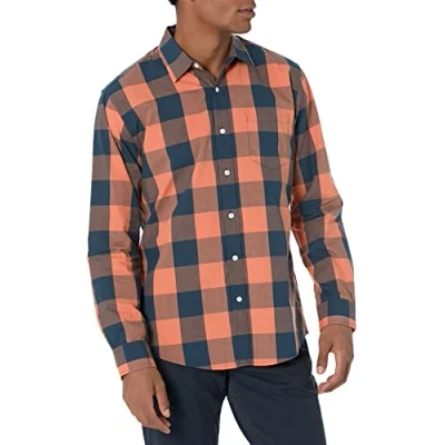 Imagen de Amazon Essentials Camisa Informal de Popelina con Manga Larga y Corte Recto Hombre, Azul Marino Naranja Búfalo, XL