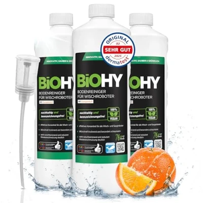 Imagen de BiOHY Limpiador de suelos para robot con aroma a naranja (3 x 1 litro) + dosificador detergente concentrado todos los robots fregona bajo espuma y sin rayas sostenible 1:200