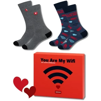 Imagen de soxo San Valentin Calcetines Divertidos Algodon Regalos Originales Para Hombre En Una Caja De Regalo 40 45 Wi Fi 2 Pares