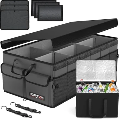 Imagen de FORTEM Organizador de Maletero Coche y SUV Caja Plegable con 3 Compartimentos Extra Grande Bolsa Nevera Base Antideslizante Cinchas Ajustables Tapa Extraíble (Gris)