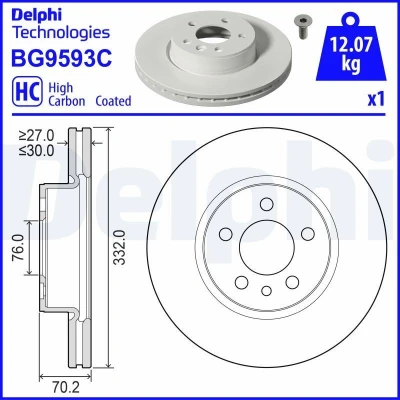 Imagen de DELPHI Disco de freno VOLKSWAGEN: Multivan T7 332mm 30mm 5 ventilado revestido altamente carbonizado BG9593C 2N0615301C,2N0615301E Discos