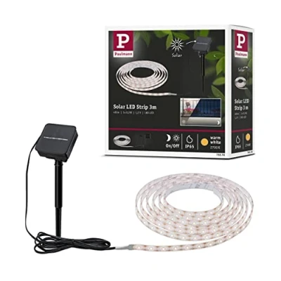 Imagen de Paulmann 78896 Tira de luces LED (3 m, incluye sensor crepuscular y batería, IP44, 0,3 W, 48 lm, 60 LEDs/m, 2700 K, blanco cálido, plástico negro)