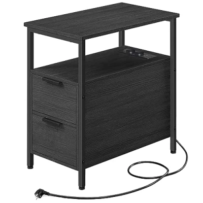 Imagen de VASAGLE Mesa Auxiliar con Multienchufe, Pequeña Fina 2 Cajones, Mesita de Noche Almacenamiento, para Salón, Dormitorio, Gris Ahumado y Negro Clásico LET325B22
