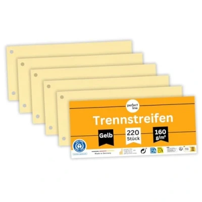 Imagen de perfect line 220 separadores para carpetas A4, de cartón reciclado, color amarillo, perforadas, fabricadas en Alemania, certificado Blauer Engel
