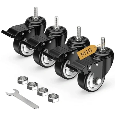 Imagen de HOLKIE Juego de 4 Ruedas giratorias con vástago bloqueo total 75mm, M10 x 1,5 30mm(diámetro del 12mm, longitud 30 mm)Ruedas roscadas freno Negro
