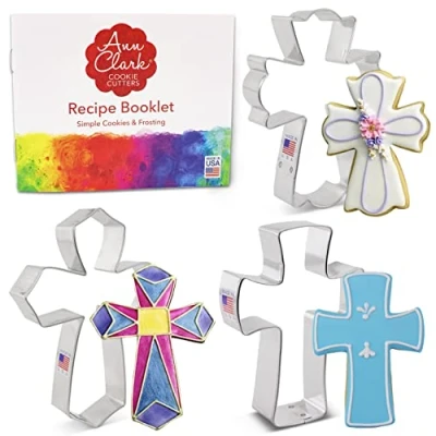 Imagen de Ann Clark Cookie Cutters Juego de 3 cortadores galletas cruz con libro recetas, cristiana, extragrande y elegante Acero fabricado en EE. UU.