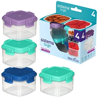Imagen de Sistema Knick Knack Pack TO GO Recipientes apilables con Tapas para almacenamiento 62 ml Sin BPA verde, azul, rosa y morada 4 unidades