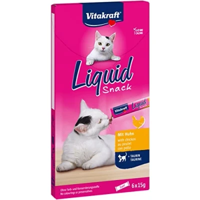 Imagen de Vitakraft Liquid Snack, snack líquido para gatos con pollo, textura suave y cremosa, delicioso aperitivo gatos, taurina, favorece la función ocular cardiaca, bajo en calorías (1 pack de 6 x 15g)