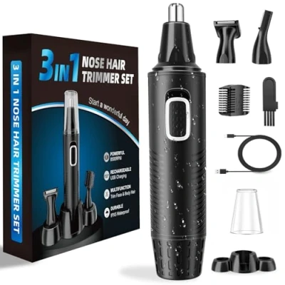 Imagen de cortapelos de nariz, recargable por USB, juego 3 en 1, orejas con cuchillas doble corte, cejas profesionales sin dolor y recortador vello facial para hombres