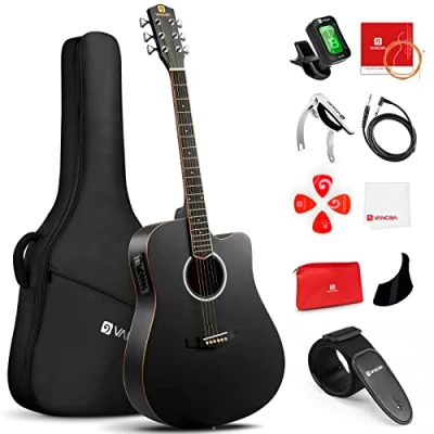 Imagen de Vangoa 4/4 Guitarra Electroacústica 41 Pulgadas Cutaway Guitarras Acústicas con Cuerdas Metálicas, Ecualizador de 4 bandas, Kits Para Principiantes, Negro