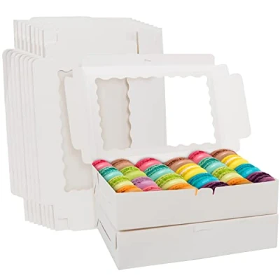 Imagen de Belle Vous Pack de 10 Cajas para Tartas Carton Kraft Blanco con Ventana 20,2 x 30,5 7 cm Set Caja Reposteria Desechable Galletas, Cupcake, Postres y