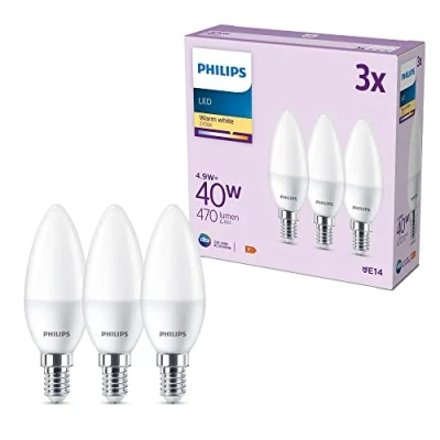 Imagen de Philips Bombilla LED tipo vela, 4.9W (Eq. 40W) 470 lúmenes, casquillo E14, Luz Blanca Cálida (2700k) Pack 3 Bombillas
