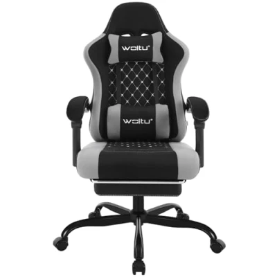 Imagen de WOLTU Silla Gaming Ergonómica, Oficina con Soporte Lumbar Masaje y Reposapiés Extraible, Giratoria Gran Asiento de Muelle, Capacidad 150 kg, Tela Malla Negro+Gris,GS15szg