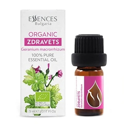 Imagen de Essences Bulgaria Aceite Esencial de Zdravets Orgánico 5ml Geranium macrorrhizum 100% Puro y Natural Sin Diluir Grado Terapéutico Granja Familiar Destilado al Vapor OMG Vegano