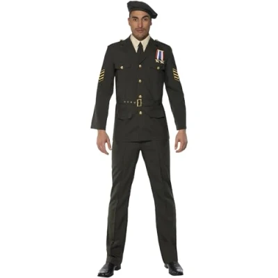 Imagen de Smiffys Oficial de guerra, verde, gorra, corbata, pantalones, cinturón y chaqueta