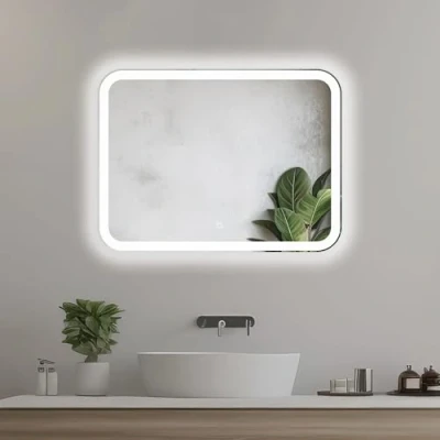Imagen de Home Glow Venti 80x60cm Espejo de Baño con Luces LED, Iluminado Interruptor Táctil, Esquinas Redondeadas, Rectangular LED Luz Frontal en Blanco Natural.
