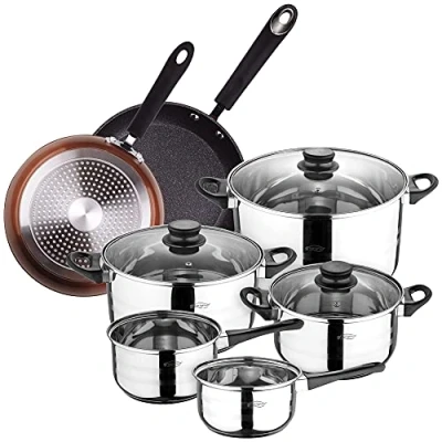 Imagen de Bateria de cocina 8 piezas SAN IGNACIO en acero inoxidable, con juego sartenes Premium (20 y 24 cm) aluminio forjado, inducción