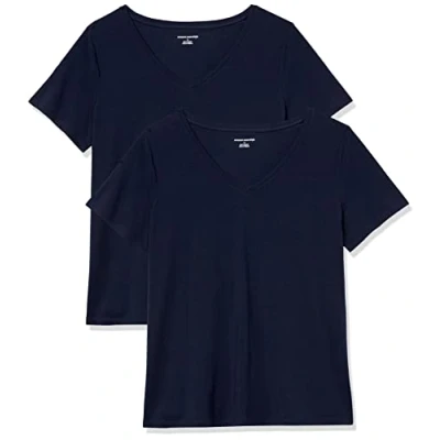 Imagen de Amazon Essentials Camiseta de Manga Corta con Cuello en V Talla Grande Mujer, Pack 2, Azul Marino, 3XL