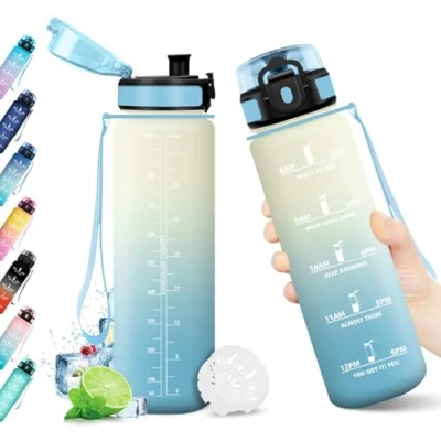 Imagen de Botella Agua 1L, con Filtro Reutilizable, Marcador de Tiempo, Motivacional sin BPA, Cantimplora Ideal para Cámping, Escuela, Gimnasio, Bicicleta, Running, Oficina